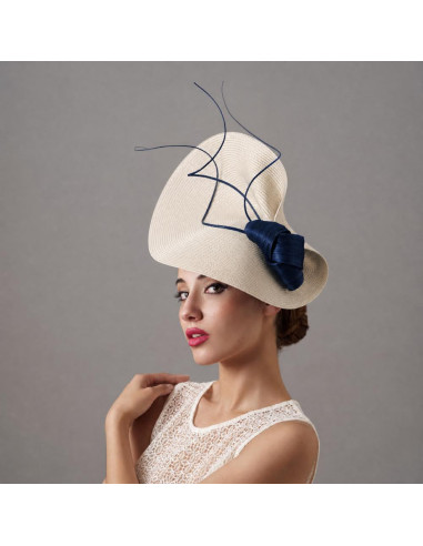 Dark blue and Ivory Royal Ascot hat with feathers - Wedding hats for women - 2