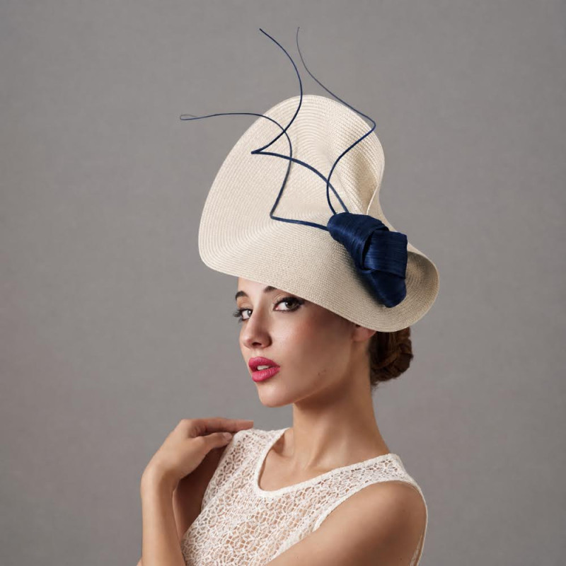Dark blue and Ivory Royal Ascot hat with feathers - Wedding hats for women - 2 Dark blue and Ivory Royal Ascot hat with feathers - Wedding hats for women - 2