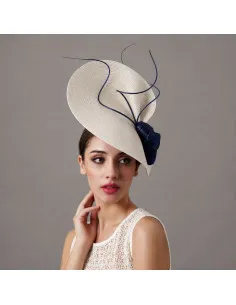 Dark blue and Ivory Royal Ascot hat with feathers - Wedding hats for women - 1