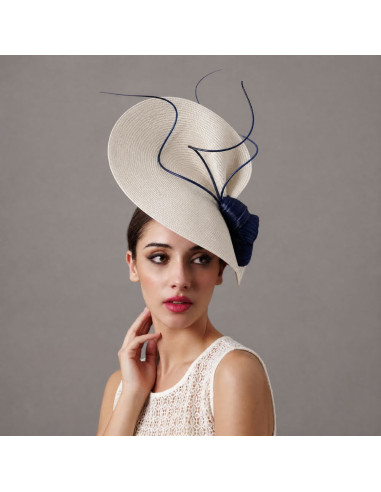 Dark blue and Ivory Royal Ascot hat with feathers - Wedding hats for women - 1