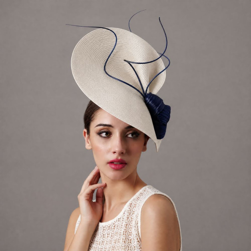 Dark blue and Ivory Royal Ascot hat with feathers - Wedding hats for women - 1