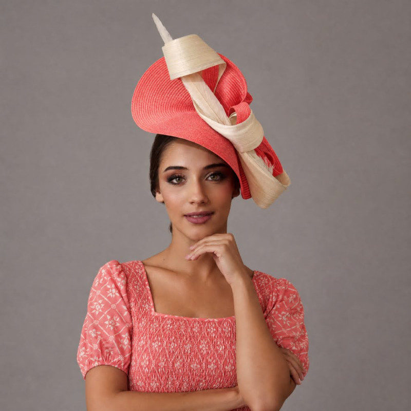 Elegant coral hat for groom's mother - coral and cream wedding guest hat - Wedding hats for women - 2