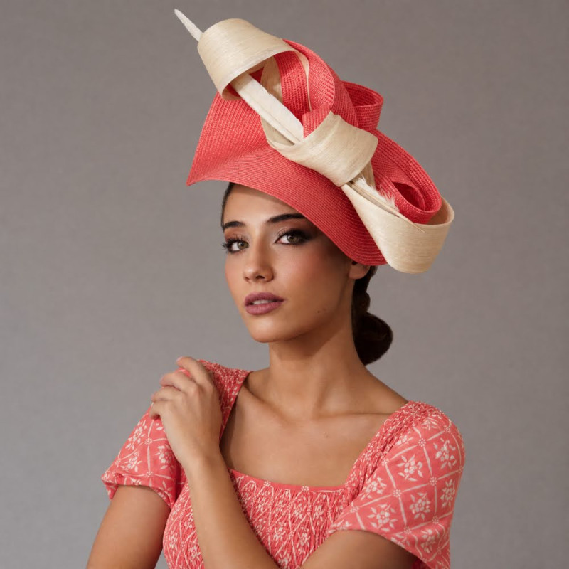 Elegant coral hat for groom's mother - coral and cream wedding guest hat - Wedding hats for women - 3