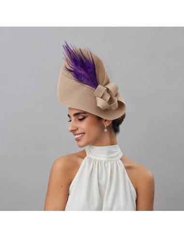 Tocado de boda para invitada perfecta beige y morado - Pamelas y Tocados para madrinas - 4