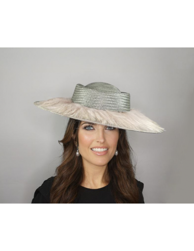 Elegante Sombrero para madrina de boda gris con plumas rosas - Pamelas y Tocados para madrinas - 2