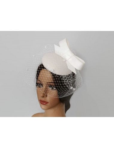 White felt brides hat with veil - Woman hats for the Horse races - 6