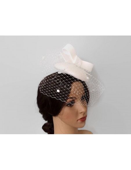 White felt brides hat with veil - Woman hats for the Horse races - 8