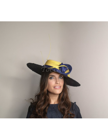 Sombrero de boda azul y amarillo con plumas - Pamelas y Tocados para madrinas - 3