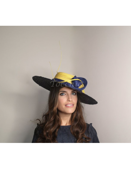Sombrero de boda azul y amarillo con plumas - Pamelas y Tocados para madrinas - 3 Sombrero de boda azul y amarillo con plumas - Pamelas y Tocados para madrinas - 3