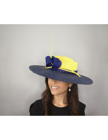 Sombrero de boda azul y amarillo con plumas - Pamelas y Tocados para madrinas - 4