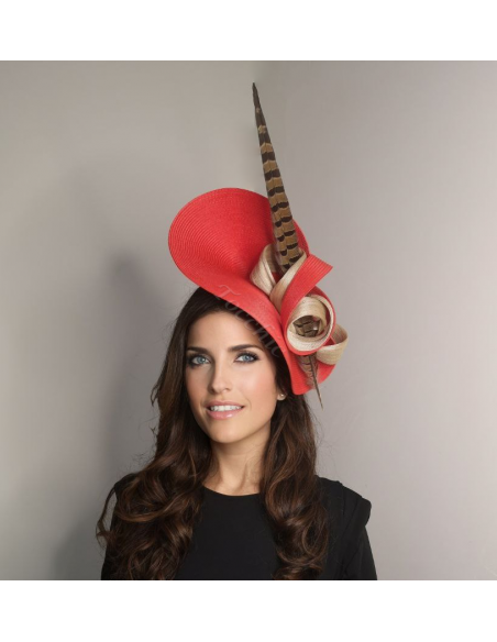 Woman Kentucky derby hat Red and Beige with feathers - Wedding hats for women - 5