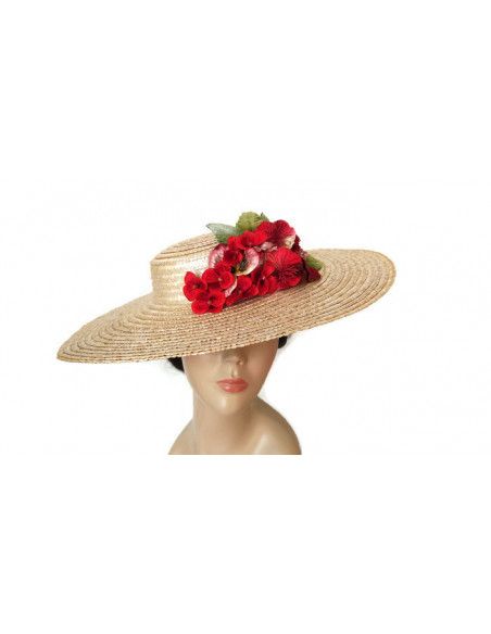 Pamela de paja con flores rojas - Pamelas y Tocados para madrinas - 1