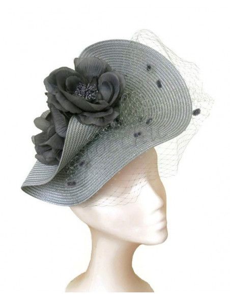Tocado gris con velo y flores - Pamelas y Tocados para madrinas - 1