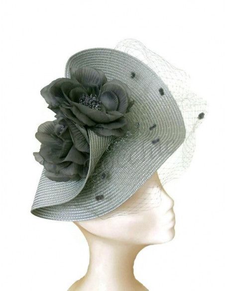 Tocado gris con velo y flores - Pamelas y Tocados para madrinas - 2 Tocado gris con velo y flores - Pamelas y Tocados para madrinas - 2