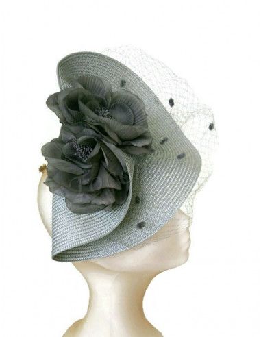 Tocado gris con velo y flores - Pamelas y Tocados para madrinas - 4