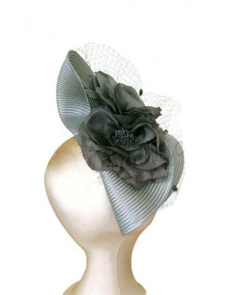 Tocado gris con velo y flores - Pamelas y Tocados para madrinas - 5 Tocado gris con velo y flores - Pamelas y Tocados para madrinas - 5