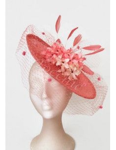 Coral wedding hat with veil and flowers - Wedding hats for women - 1