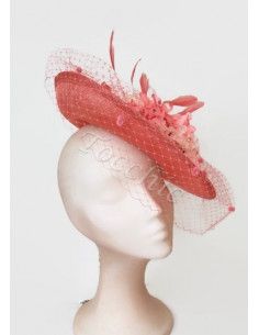 Tocado coral con velo y flores - Pamelas y Tocados para madrinas - 1 2