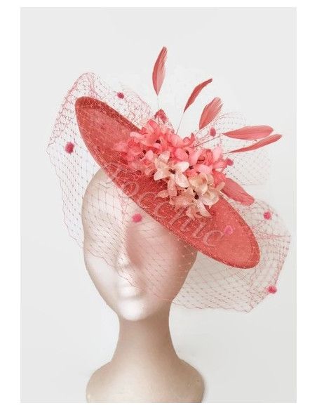 Coral wedding hat with veil and flowers - Wedding hats for women - 3 Coral wedding hat with veil and flowers - Wedding hats for women - 3