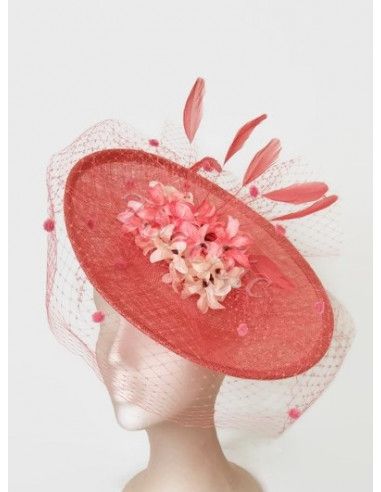 Coral wedding hat with veil and flowers - Wedding hats for women - 4