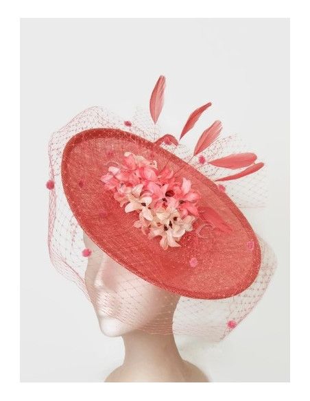 Tocado coral con velo y flores - Pamelas y Tocados para madrinas - 4 Tocado coral con velo y flores - Pamelas y Tocados para madrinas - 4