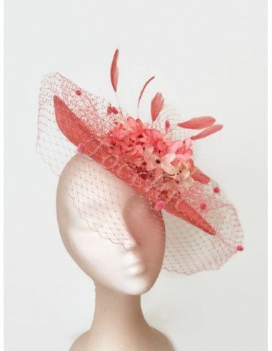 Coral wedding hat with veil and flowers - Wedding hats for women - 5