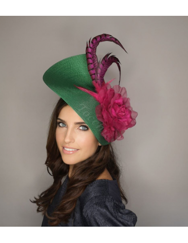 Tocado verde y rosa con flores y plumas - Pamelas y Tocados para madrinas - 2