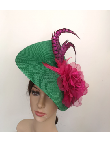 Tocado verde y rosa con flores y plumas - Pamelas y Tocados para madrinas - 5